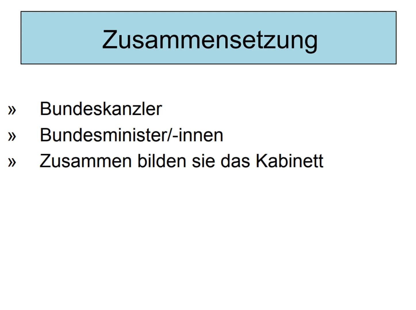 Bundesregierung
Die
Bundesregierung Inhaltsverzeichnis
1. Beschreibung
2. Geschichte
3. Arbeitsprinzipien
(Kanzlerprinzip, Kollegialprinzip,
