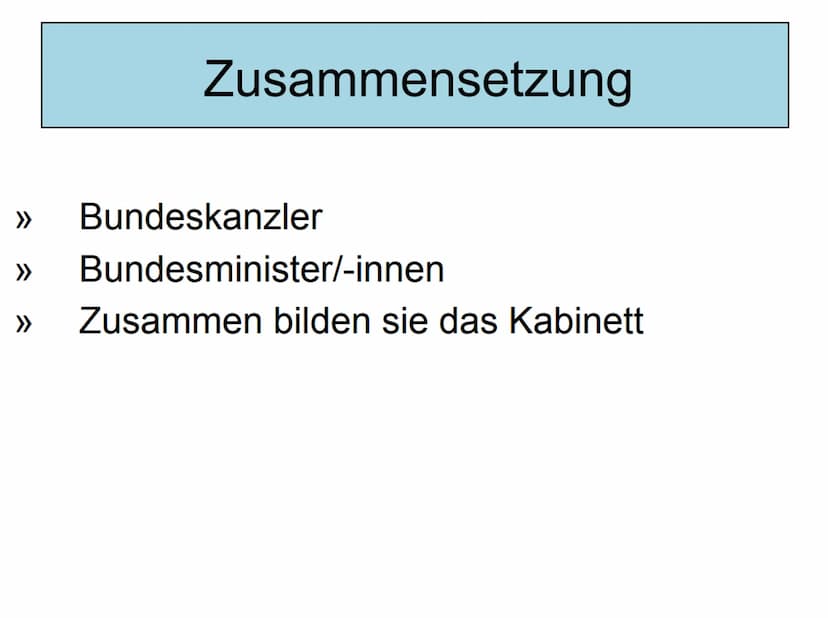 Bundesregierung
Die
Bundesregierung Inhaltsverzeichnis
1. Beschreibung
2. Geschichte
3. Arbeitsprinzipien
(Kanzlerprinzip, Kollegialprinzip,