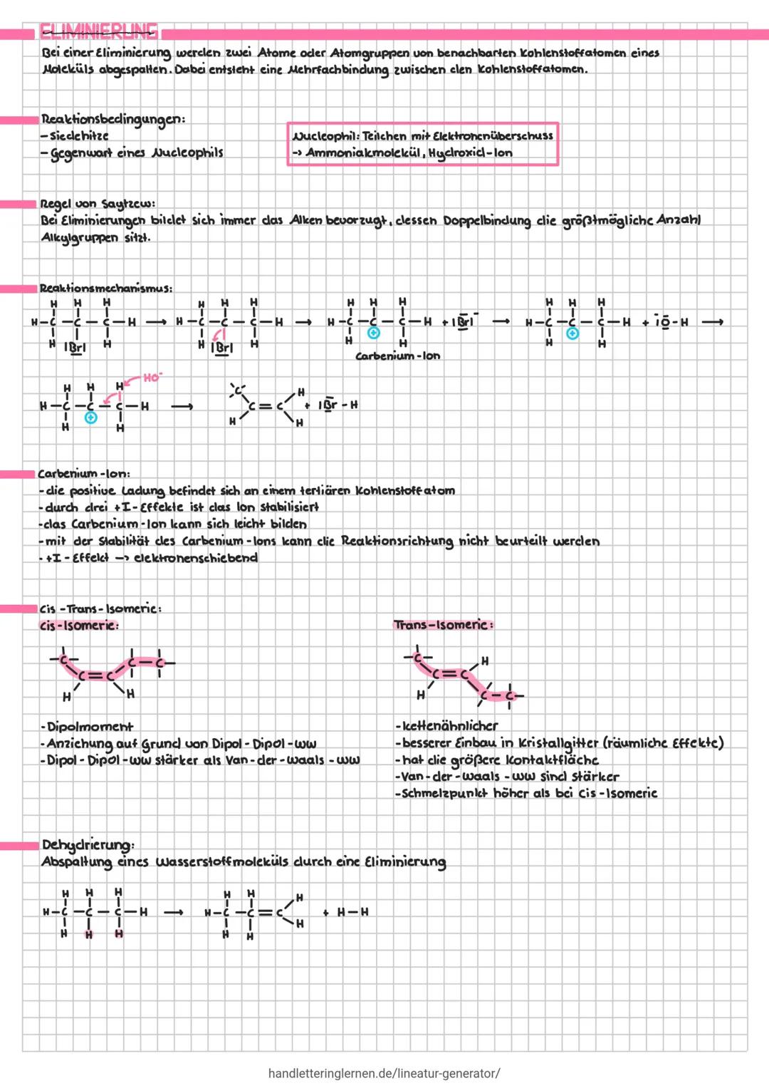 # ELIMINIERUNG

Bei einer Eliminierung werclen zwei Atome oder Atomgruppen von benachbarten Kohlenstoffatomen eines
Moleküls abgespalten. Da