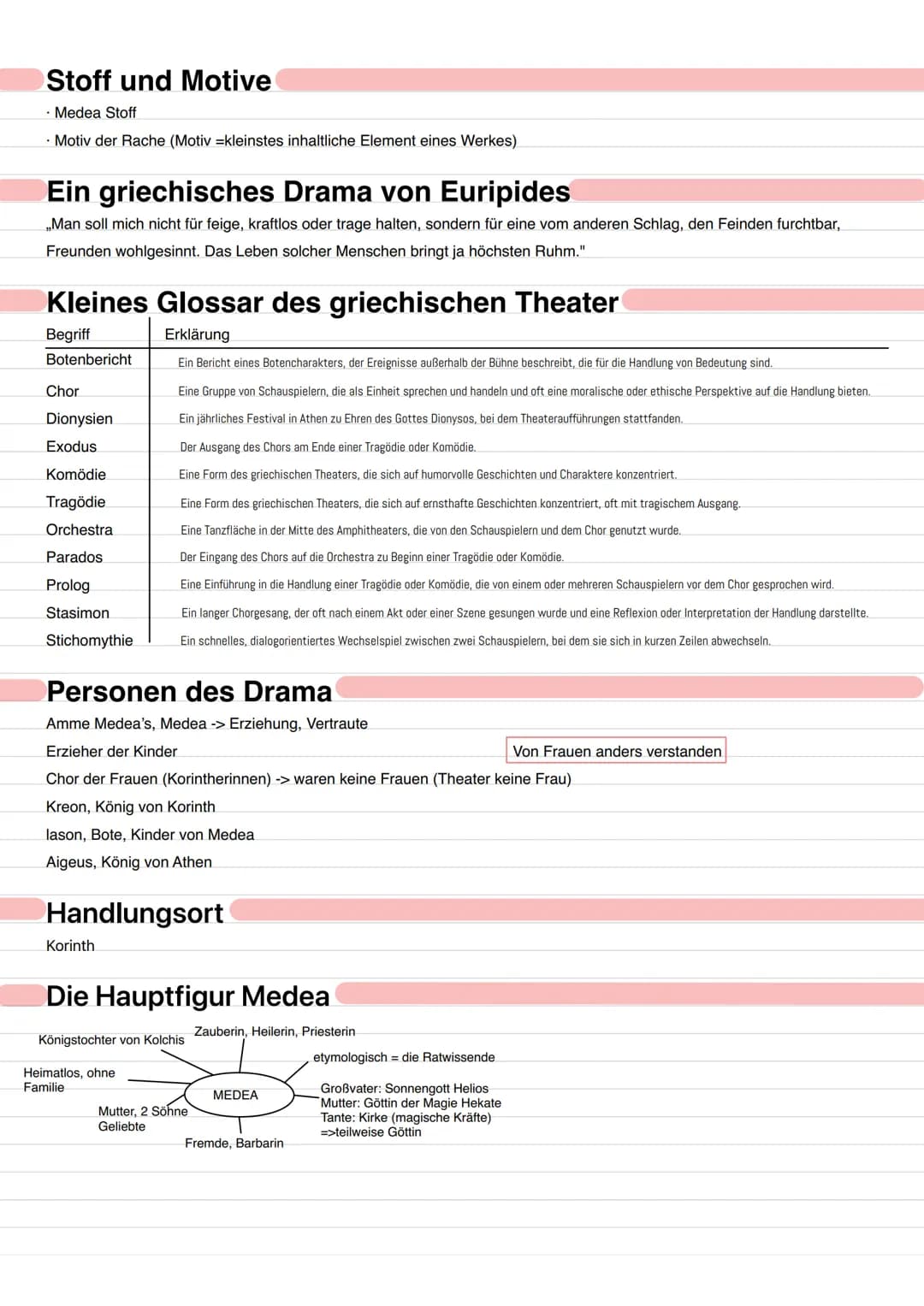  Stoff und Motive
. Medea Stoff
Motiv der Rache (Motiv kleinstes inhaltliche Element eines Werkes)
Ein griechisches Drama von Euripides
„Man