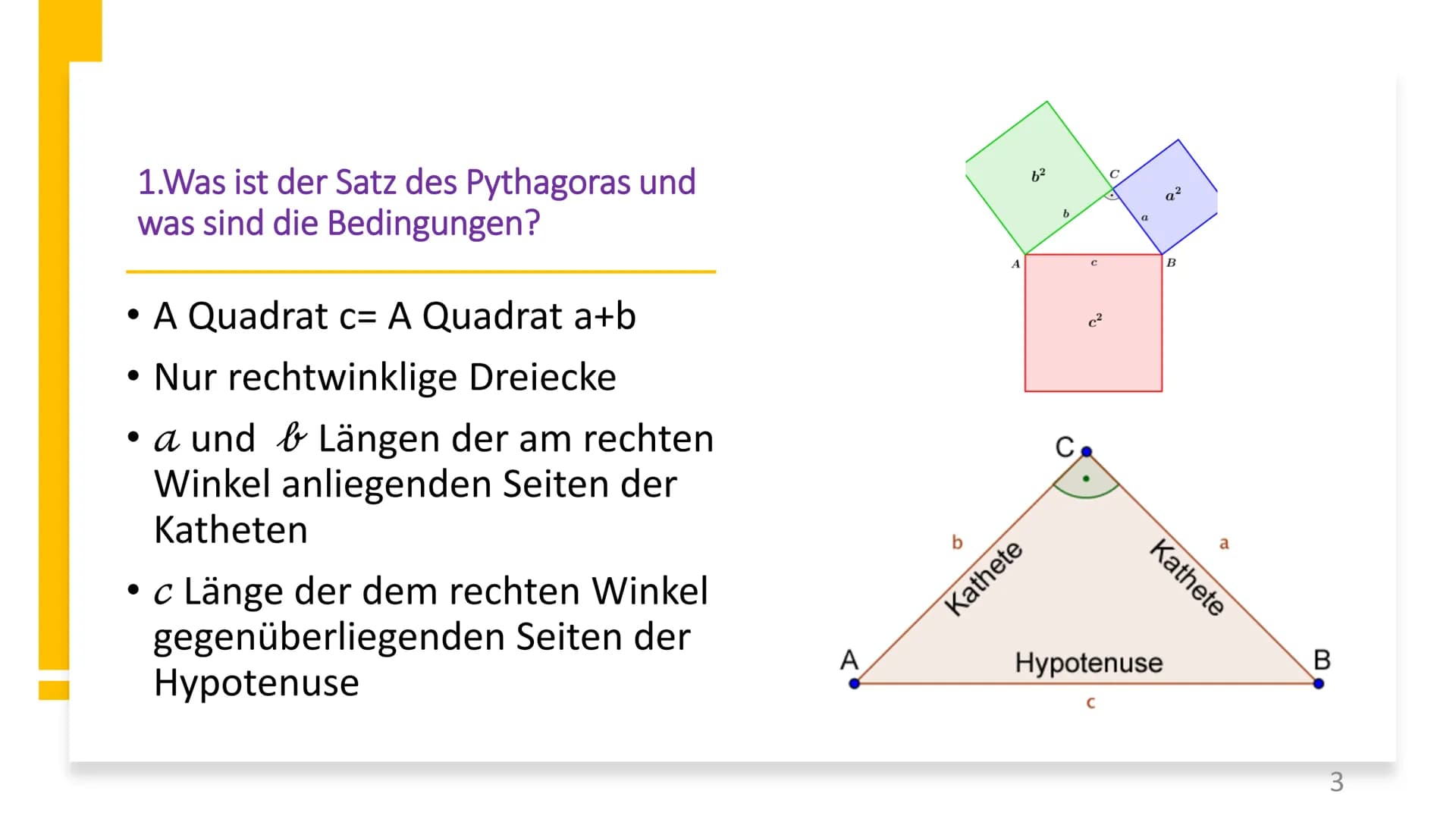 Satz des Pythagoras
auf GeoGebra
1 Inhaltsverzeichnis
Was ist der Satz des Pythagoras und was sind die Bedingungen?
• Wie erstellt man ein d