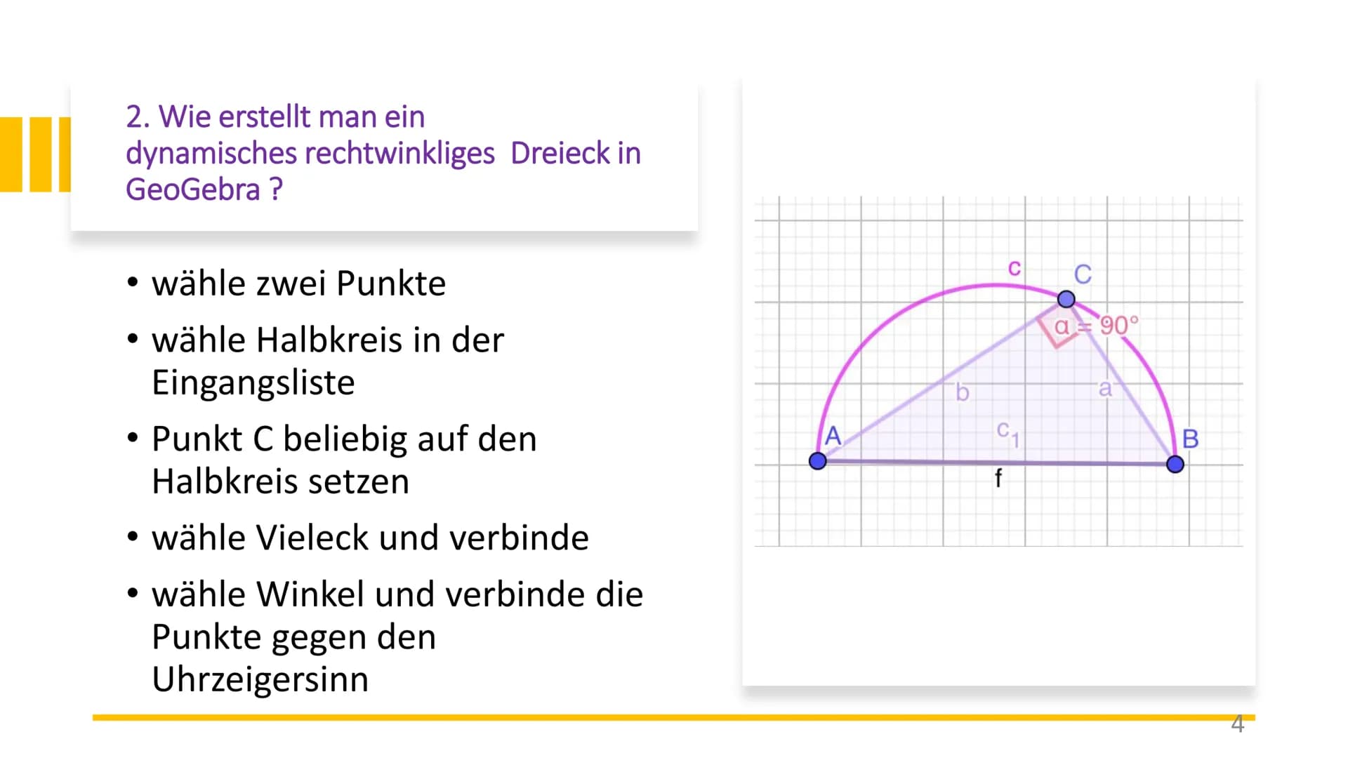 Satz des Pythagoras
auf GeoGebra
1 Inhaltsverzeichnis
Was ist der Satz des Pythagoras und was sind die Bedingungen?
• Wie erstellt man ein d