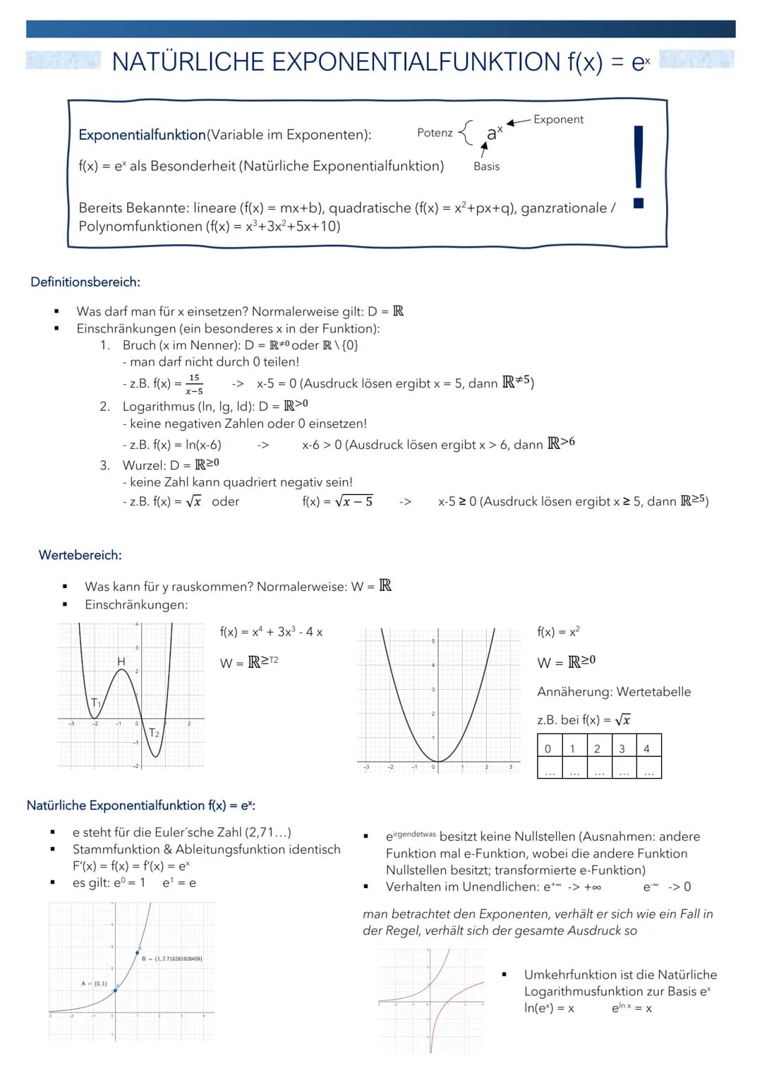 NATÜRLICHE EXPONENTIALFUNKTION f(x) = ex
Exponentialfunktion (Variable im Exponenten):
:{ a'
f(x) = ex als Besonderheit (Natürliche Exponent