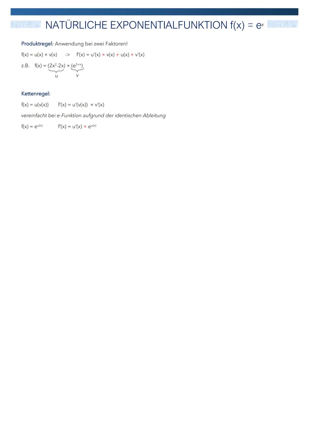 NATÜRLICHE EXPONENTIALFUNKTION f(x) = ex
Exponentialfunktion (Variable im Exponenten):
:{ a'
f(x) = ex als Besonderheit (Natürliche Exponent