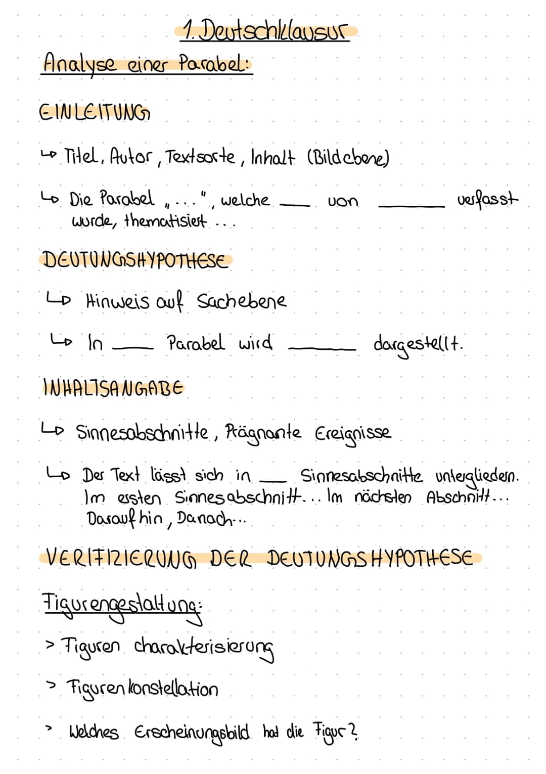 1. Deutschklausur
Analyse einer Parabel:
EINLEITUNG
Lo Titel, Autor, Textsorte, Inhalt (Bildebene)
Lo Die Parabel
1
.", welche.
wurde, thema