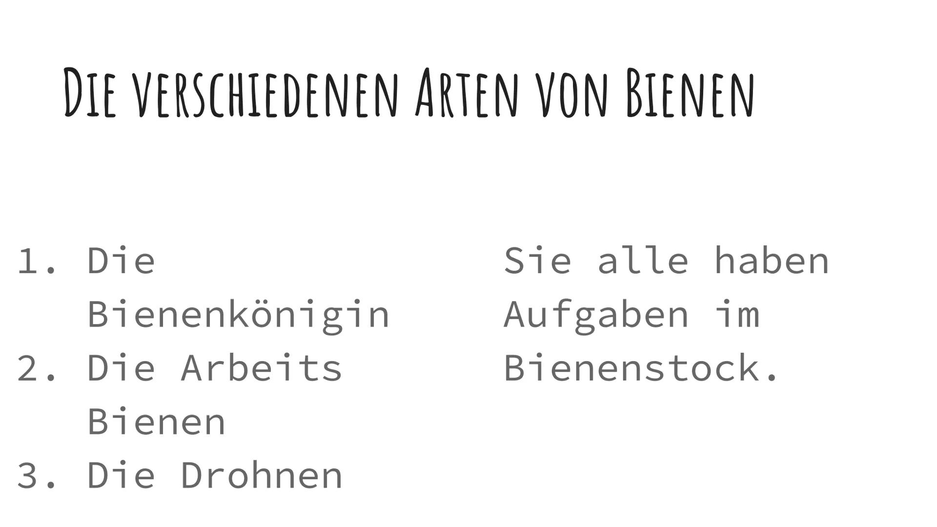 DIE BIENEN DIE VERSCHIEDENEN ARTEN VON BIENEN
1. Die
Bienenkönigin
2. Die Arbeits
Bienen
3. Die Drohnen
Sie alle haben
Aufgaben im
Bienensto