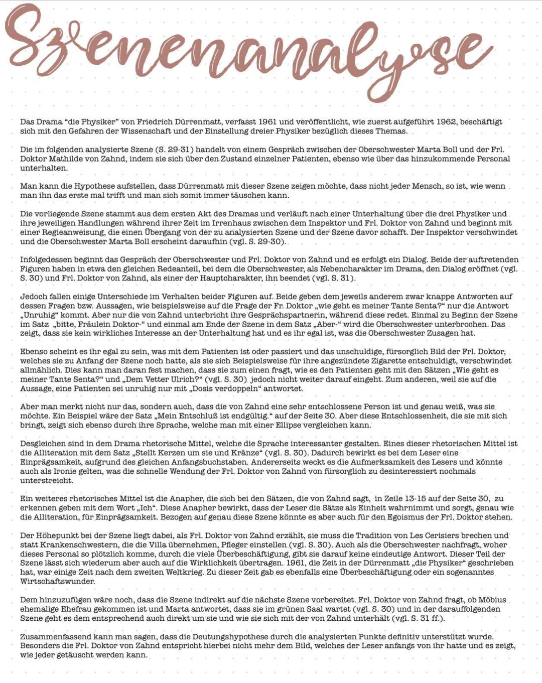 Szenenanalyse
Das Drama "die Physiker" von Friedrich Dürrenmatt, verfasst 1961 und veröffentlicht, wie zuerst aufgeführt 1962, beschäftigt
s
