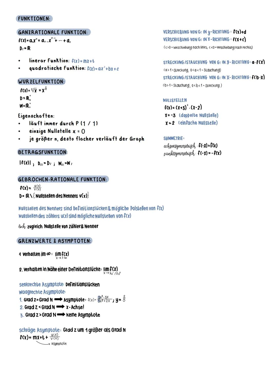 FUNKTIONEN:
GANZRATIONALE FUNKTION:
f(x) = ax + ax ++ do
Dr=R
●
WURZELFUNKTION:
f(x) = ²√x = x ²
D=R₁
W=IR.
Eigenschaften:
●
linerar Funktio