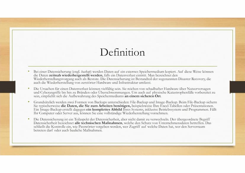 Datensicherung
Bedeutung von Datensicherung ●
●
●
Definition
Bei einer Datensicherung (engl. backup) werden Daten auf ein externes Speicherm