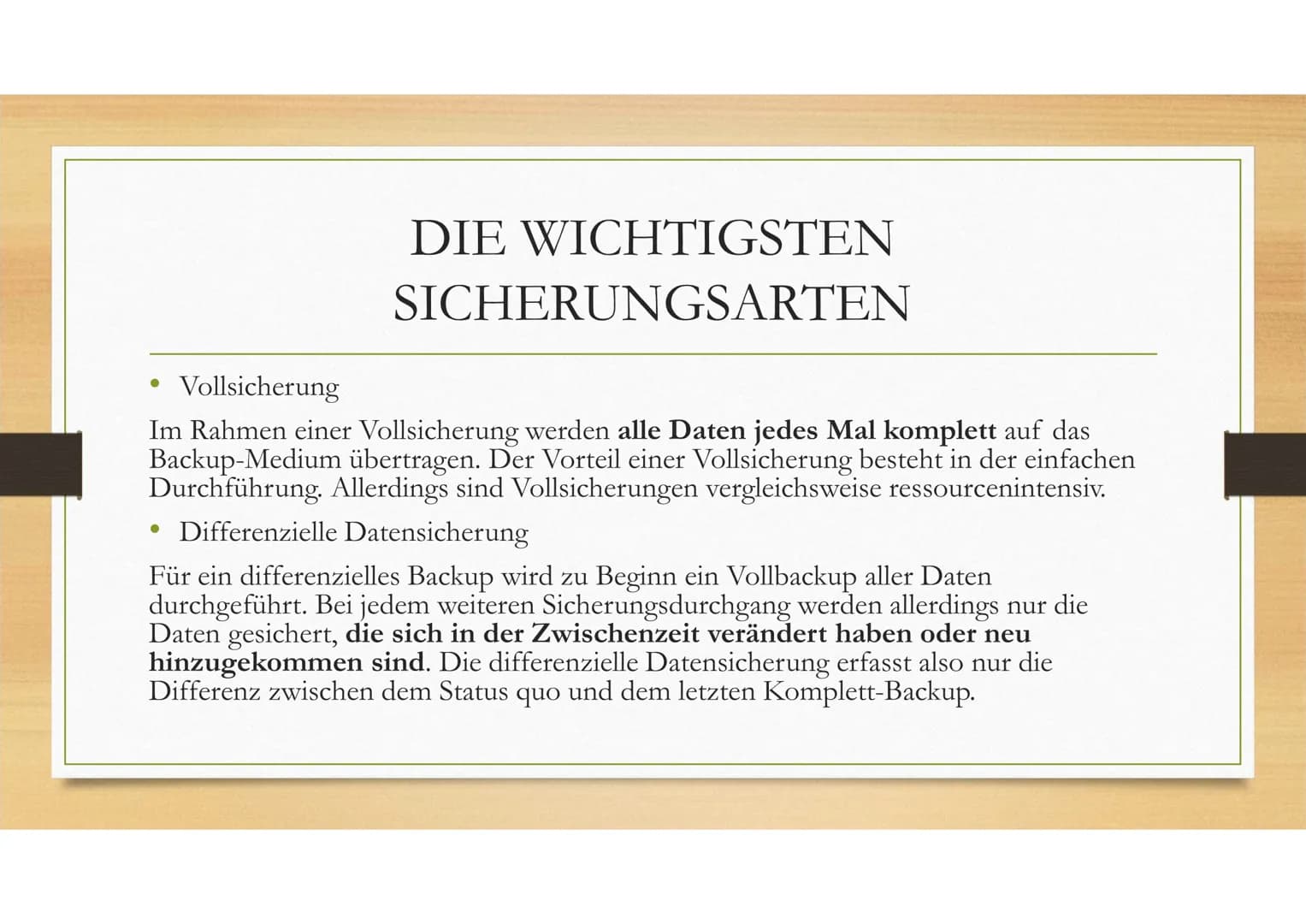 Datensicherung
Bedeutung von Datensicherung ●
●
●
Definition
Bei einer Datensicherung (engl. backup) werden Daten auf ein externes Speicherm
