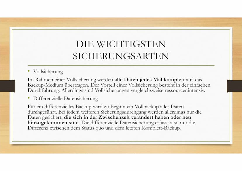 Datensicherung
Bedeutung von Datensicherung ●
●
●
Definition
Bei einer Datensicherung (engl. backup) werden Daten auf ein externes Speicherm