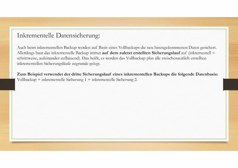 Datensicherung
Bedeutung von Datensicherung ●
●
●
Definition
Bei einer Datensicherung (engl. backup) werden Daten auf ein externes Speicherm