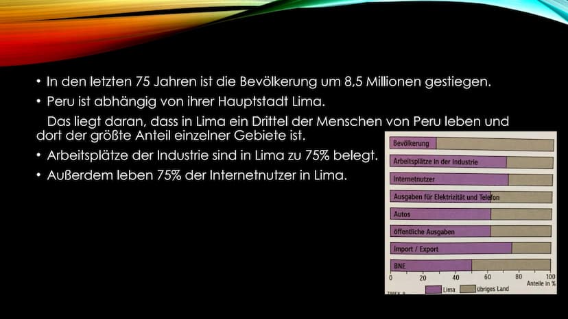 DISPARITÄTEN PERU • In Peru befinden sich die meisten Wirtschaftsbetriebe, da sich in den Städten
●
●
DIE WIRTSCHAFT VON PERU
●
die wirtscha