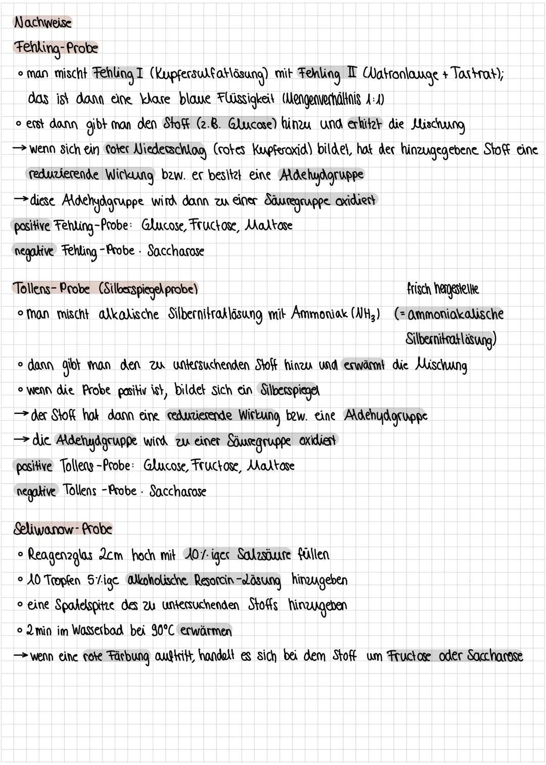 Nachweise
Fehling-Probe
• man mischt Fehling I (Kupfersulfatlösung) mit Fehling II Watronlauge + Tartrat);
das ist dann eine klare blaue Flü