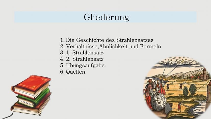Strahlensätze
GFS im Fach Mathe von Tamia
Lehrkraft Herr Öztürk Gliederung
1. Die Geschichte des Strahlensatzes
2.
Verhältnisse,Ähnlichkeit 