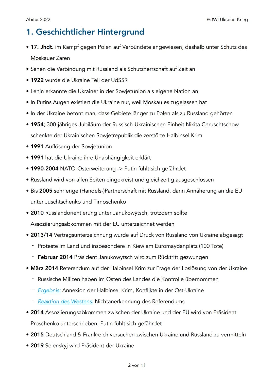 Abitur 2022
1. Geschichtlicher Hintergrund
2. Was will Russland (Putin) wirklich?
1. Abkommen von Minsk
3. Interessen / Ziele Russland
1. Dr