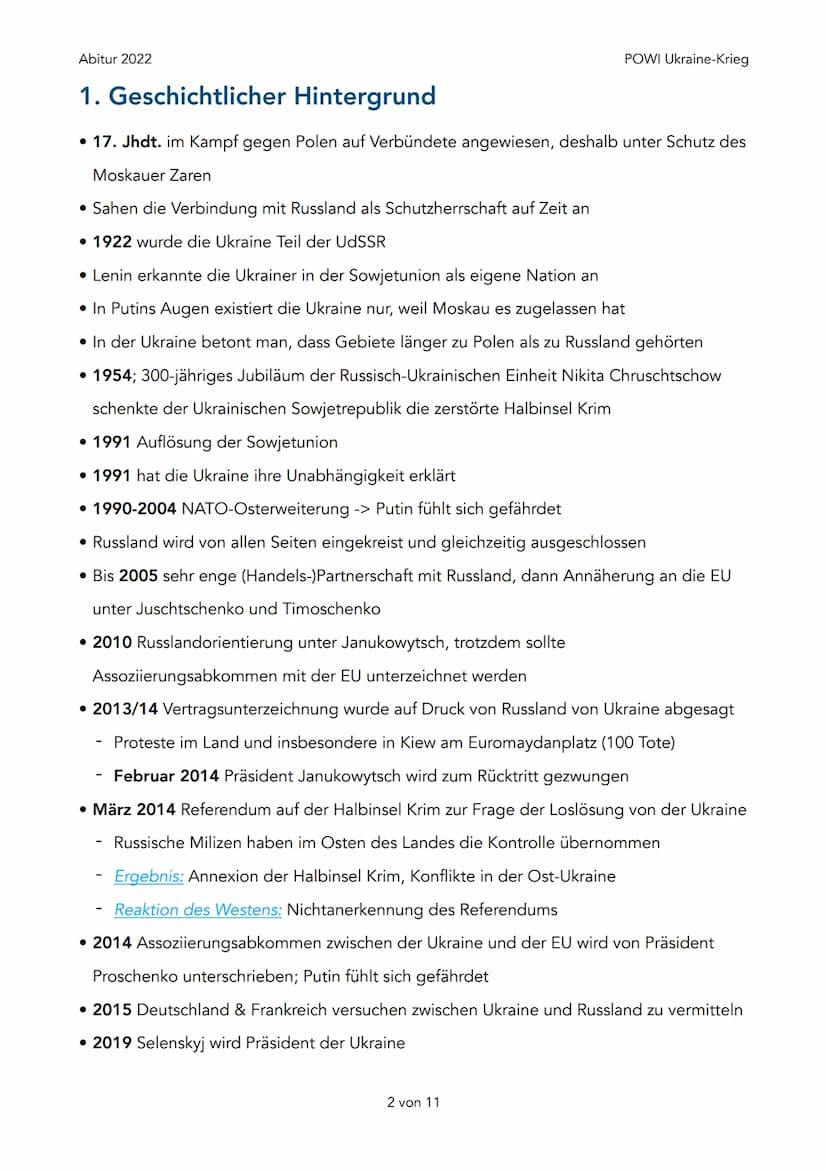 Abitur 2022
1. Geschichtlicher Hintergrund
2. Was will Russland (Putin) wirklich?
1. Abkommen von Minsk
3. Interessen / Ziele Russland
1. Dr