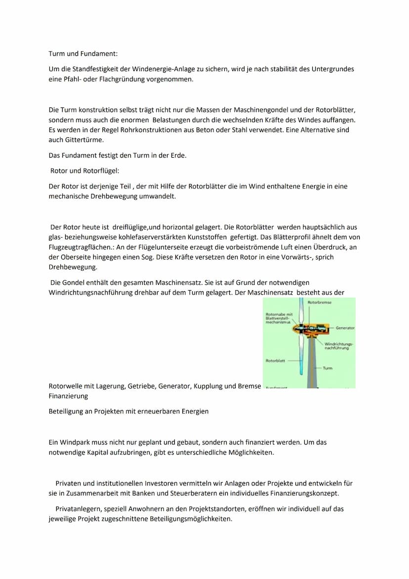 Turm und Fundament:
Um die Standfestigkeit der Windenergie-Anlage zu sichern, wird je nach stabilität des Untergrundes
eine Pfahl- oder Flac