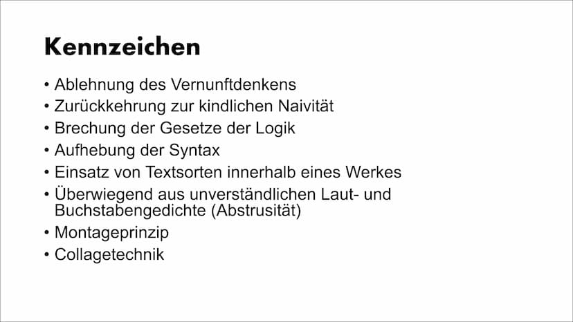 Avantgarde/ Dadaismus
Von Anouk und Kaya
dada Kennzeichen
●
●
●
Brechung der Gesetze der Logik
• Aufhebung der Syntax
●
●
●
Ablehnung des Ve