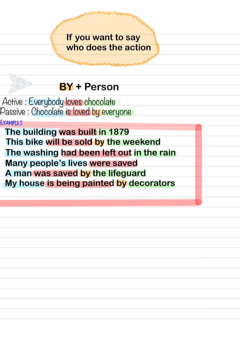  THE PASSIVE
BUILDING
BE + past participle ( the third form of
the verb)
BE + am/are/is (present)
was/were (past)
been (perfect tense)
being