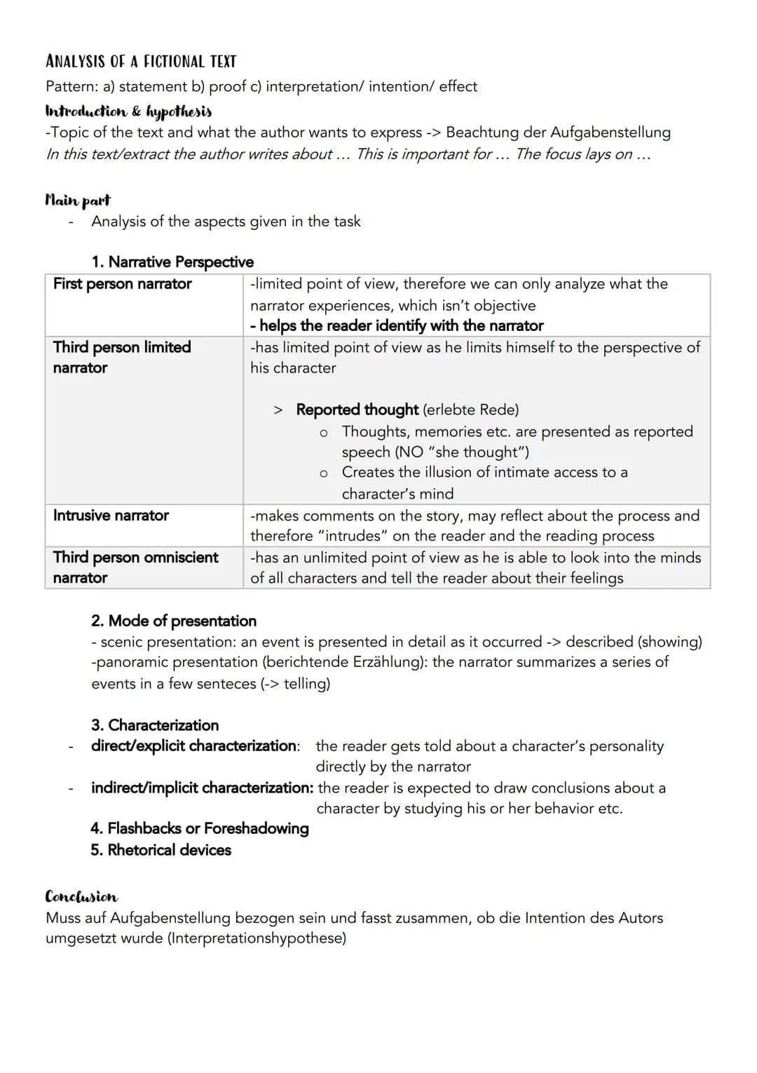 ANALYSIS OF A FICTIONAL TEXT
Pattern: a) statement b) proof c) interpretation/ intention/ effect
Introduction & hypothesis
-Topic of the tex