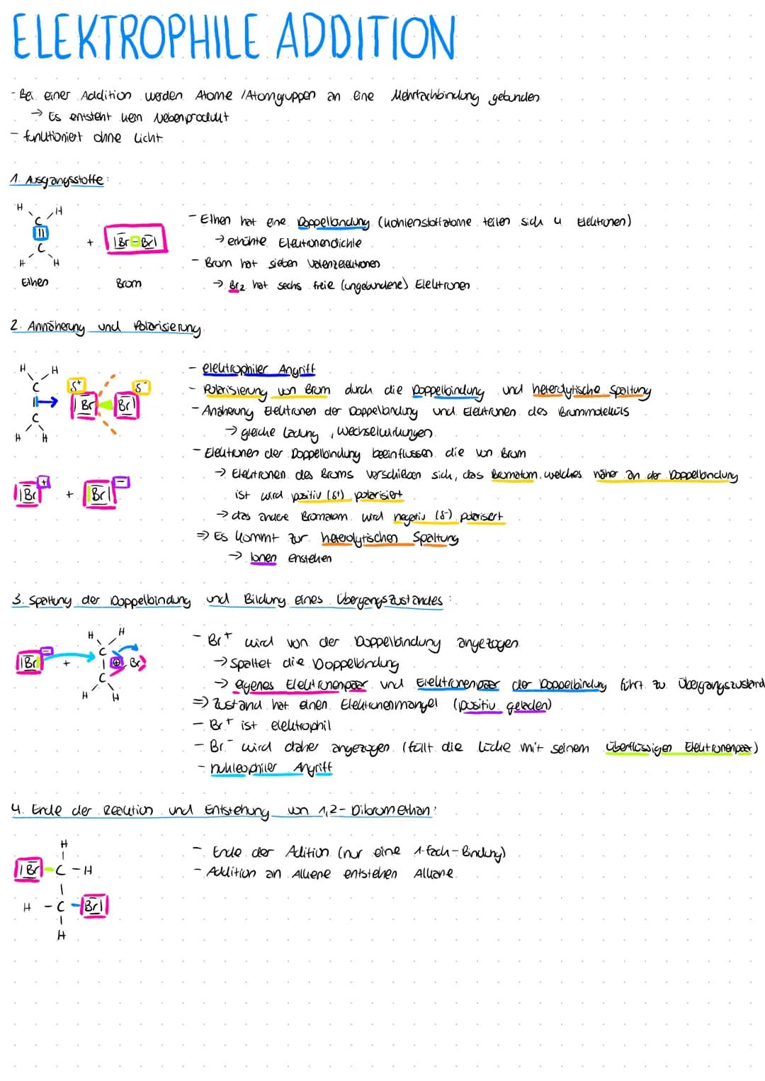 ELEKTROPHILE ADDITION
- Bei einer Addition werden. Atome /Atom gruppen an eine Mehrfachbindung gebunden.
→ Es entsteht kein Neben produkt
- 