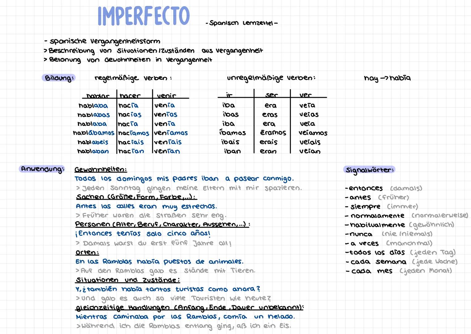Bildung:
IMPERFECTO
-
· spanische vergangenheitsform
>Beschreibung von Situationen /Zuständen aus vergangenheit
> Betonung von Gewohnheiten 