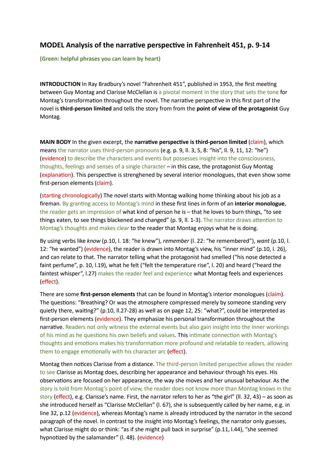 MODEL Analysis of the narrative perspective in Fahrenheit 451, p. 9-14
(Green: helpful phrases you can learn by heart)
INTRODUCTION In Ray B