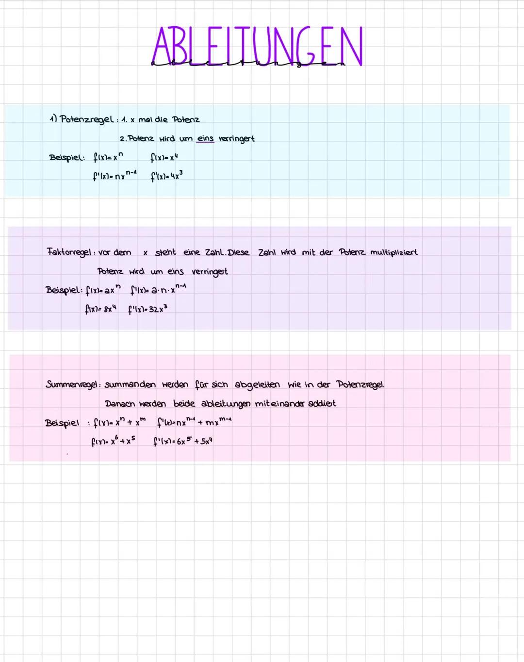 # ABLEITUNGEN

1) Potenzregel: 1. x mal die Potenz

2. Potenz wird um eins verringert

Beispiel: f(x)=x^
f(x)=x4
f'(x)=nxn- f'(x)=4x3

Fakto
