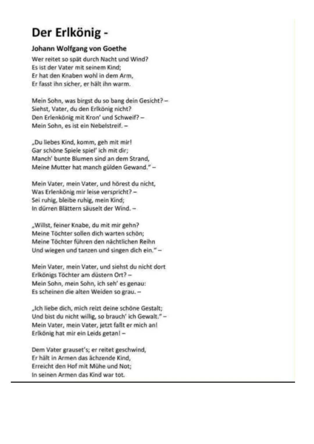 Der Erlkönig -
Johann Wolfgang von Goethe
Wer reitet so spät durch Nacht und Wind?
Es ist der Vater mit seinem Kind;
Er hat den Knaben wohl 