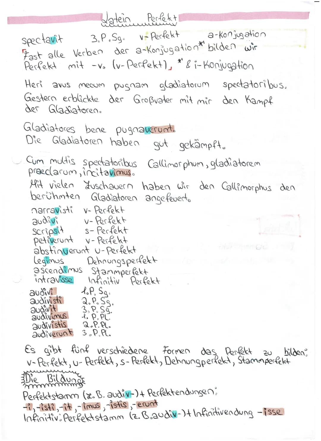 Latein Perfekt!
spectavit
3.P.Sg.
v- Perfekt
a-konjugation
Fast alle Verben der a-Konjugation* bilden wir
Perfekt mit -vo (v-Perfekt), * & i