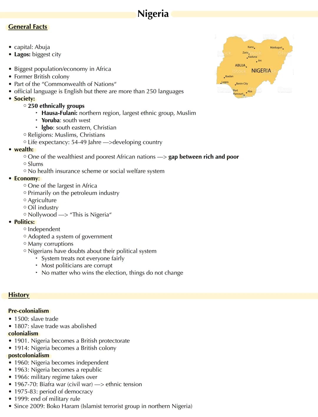 General Facts
• capital: Abuja
• Lagos: biggest city
●
Biggest population/economy in Africa
• Former British colony
• Part of the "Commonwea