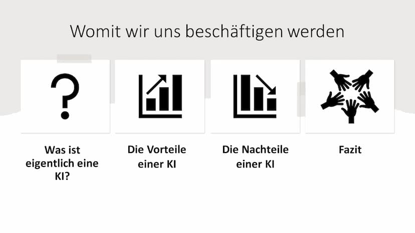 1
Die Vor- und
Nachteile
der Künstlichen
Intelligenz (KI)
Eine Präsentation im Rahmen des
Deutschunterrichtes der Klasse 9d
von Jule und Ste