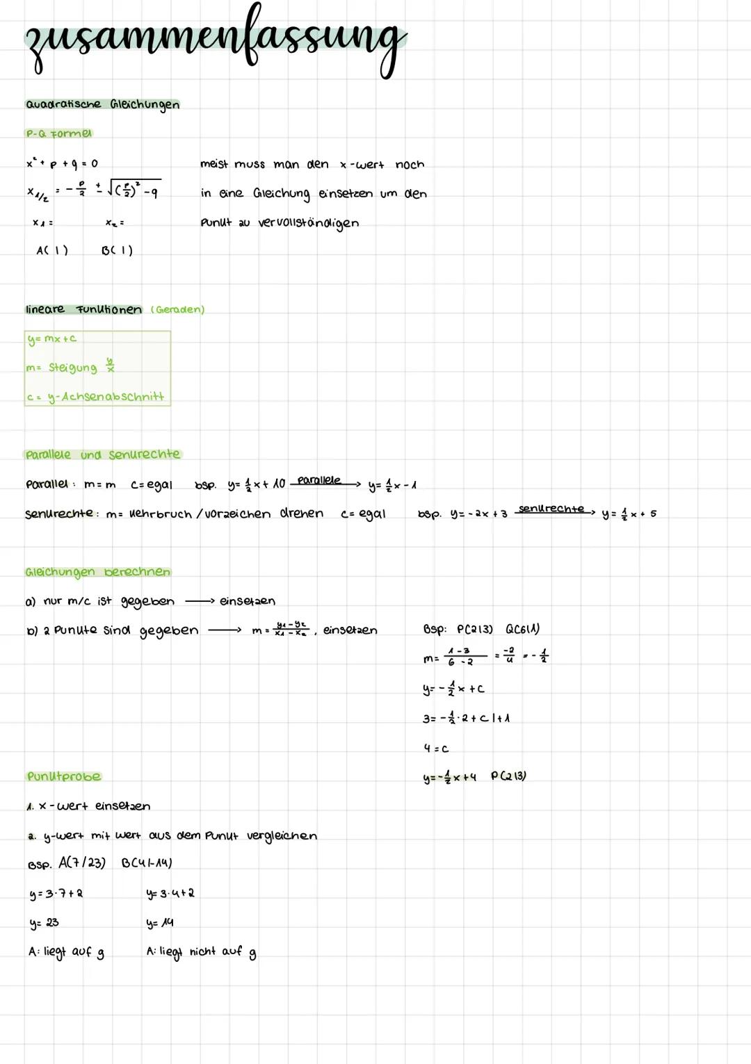 zusammenfassung
Quadratische Gleichungen
P-Q Formel
x² + p + 9 = 0
X1/2
XA=
A(1)
- 1/2 ± √ √ ( ² ) ² - 9
y=mx+c
B(1)
lineare Funktionen (Ger
