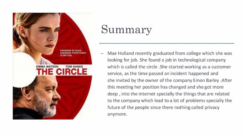 
<h2 id="summary">Summary</h2>
<p>"The Circle" is a film that follows the story of Mae Holland, a recent college graduate who lands a job at