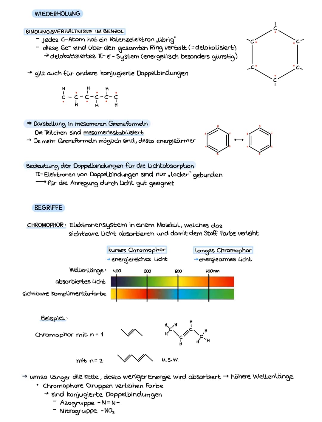 FARBSTOFFE (S.398-412)
weißes Licht enthält alle Farben
- 3 Farbrezeptoren: Rot, grün, blau (RGB)
- Farbstoff wird absorbiert, der Rest refl