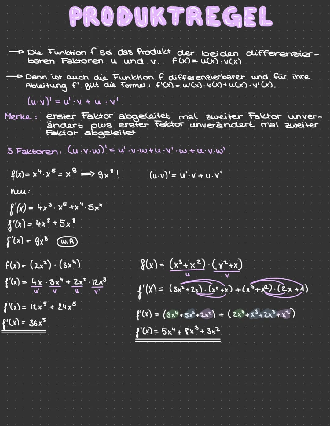 PRODUKTREGEL
Die Funktion f sei das Produkt der beiden differenzier-
baren Faktoren u und v.
f(x) = u(x) · V(X)
- Dann ist auch die Funktion