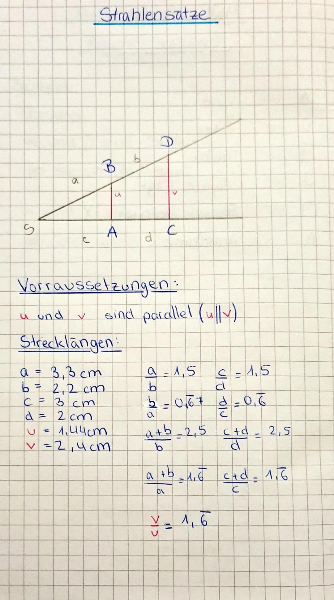 u und
<cenoe
6
CF
J
d =
=
Strahlen satze
✓
B
Vorraussetzungen:
sind parallel (ully)
Strecklängen:
a = 3,3 cm
b = 2₁2 cm
3 cm
2 cm
1,44см
v =