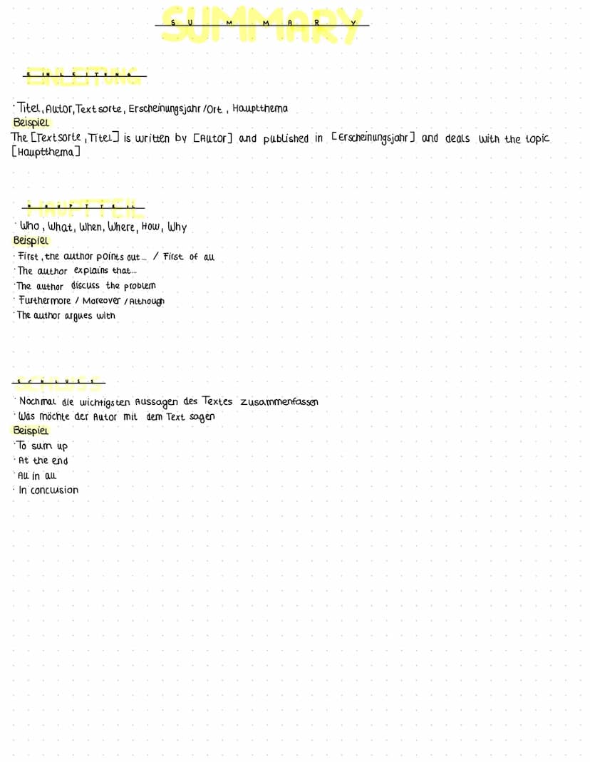  ***
Titel, Autor, Text sorte, Erscheinungsjahr/Ort, Hauptthema
Beispiel
The [Textsorte, Titel] is written by [Autor] and published in [Ersc