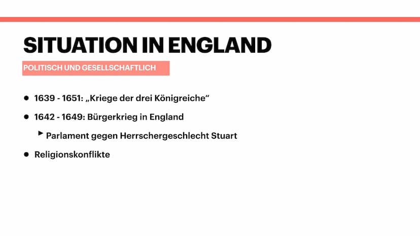 THOMAS HOBBES
STAATSTHEORETIKER UND PHILOSOPH Situation in England:
Gesellschaftlich und Politisch:
1639-1651: << Kriege der drei Königreich