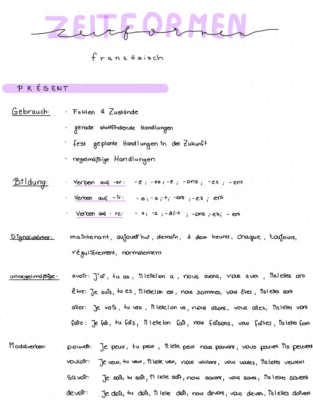 ZELTFORMEN
PRESENT
Gebrauch:
Bildung
Signalwörter:
unregelmäßige:
Modalverloen:
französisch.
Fakten & Zustände
gerade stattfindende Handlung