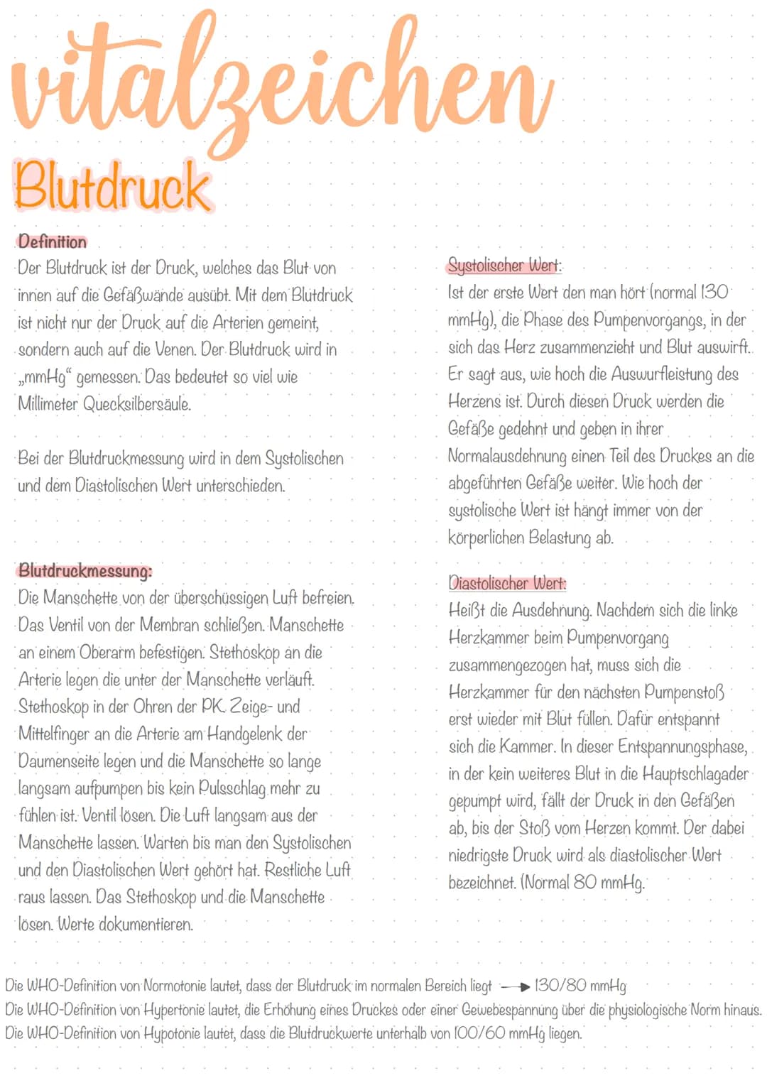 vitalzeichen
Blutdruck
Definition
Der Blutdruck ist der Druck, welches das Blut von
innen auf die Gefäßwände ausübt. Mit dem Blutdruck
ist n
