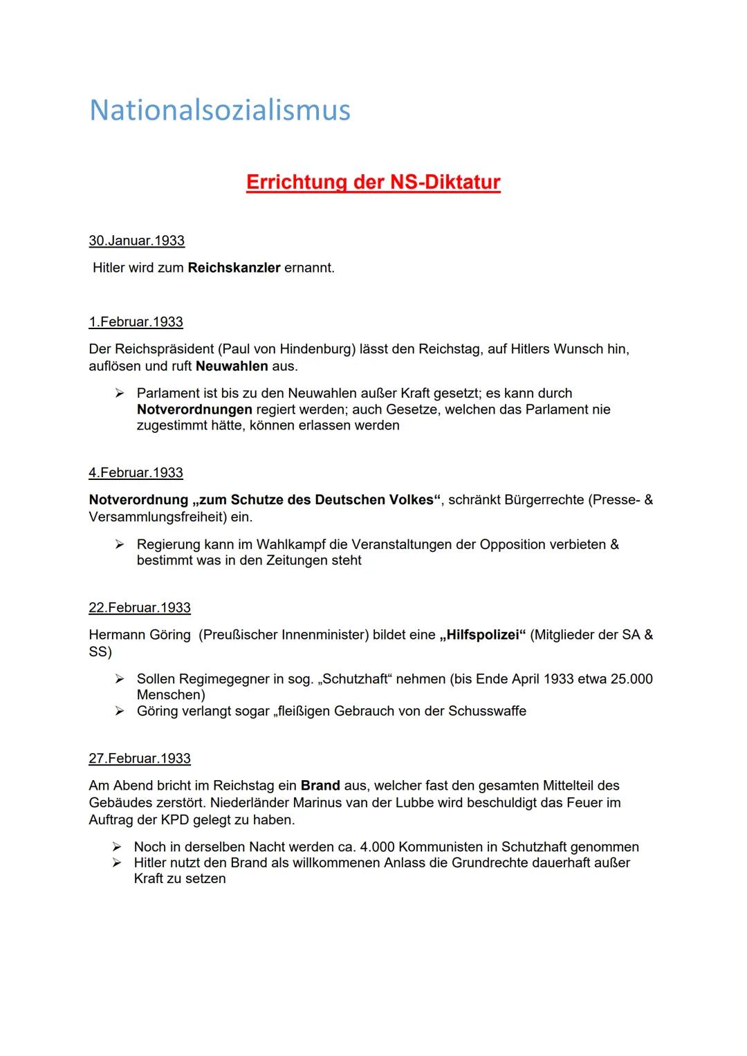 # Nationalsozialismus

## Errichtung der NS-Diktatur

30.Januar. 1933
Hitler wird zum Reichskanzler ernannt.

1.Februar. 1933
Der Reichspräs