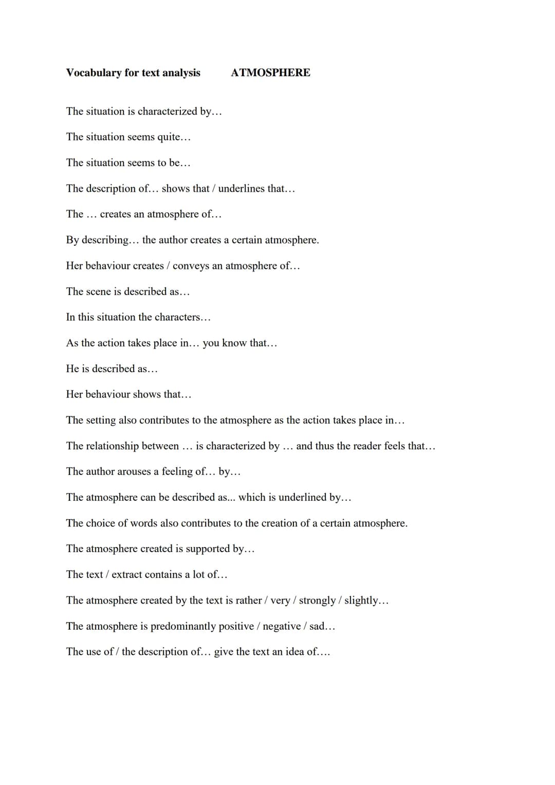 Vocabulary for text analysis
The situation is characterized by...
The situation seems quite...
The situation seems to be...
The description 