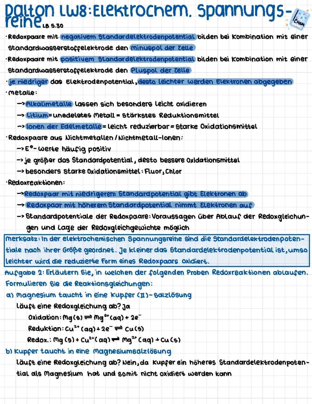 Elektrochemische Spannungsreihe: Einfach erklärt mit Beispielen und Übungen