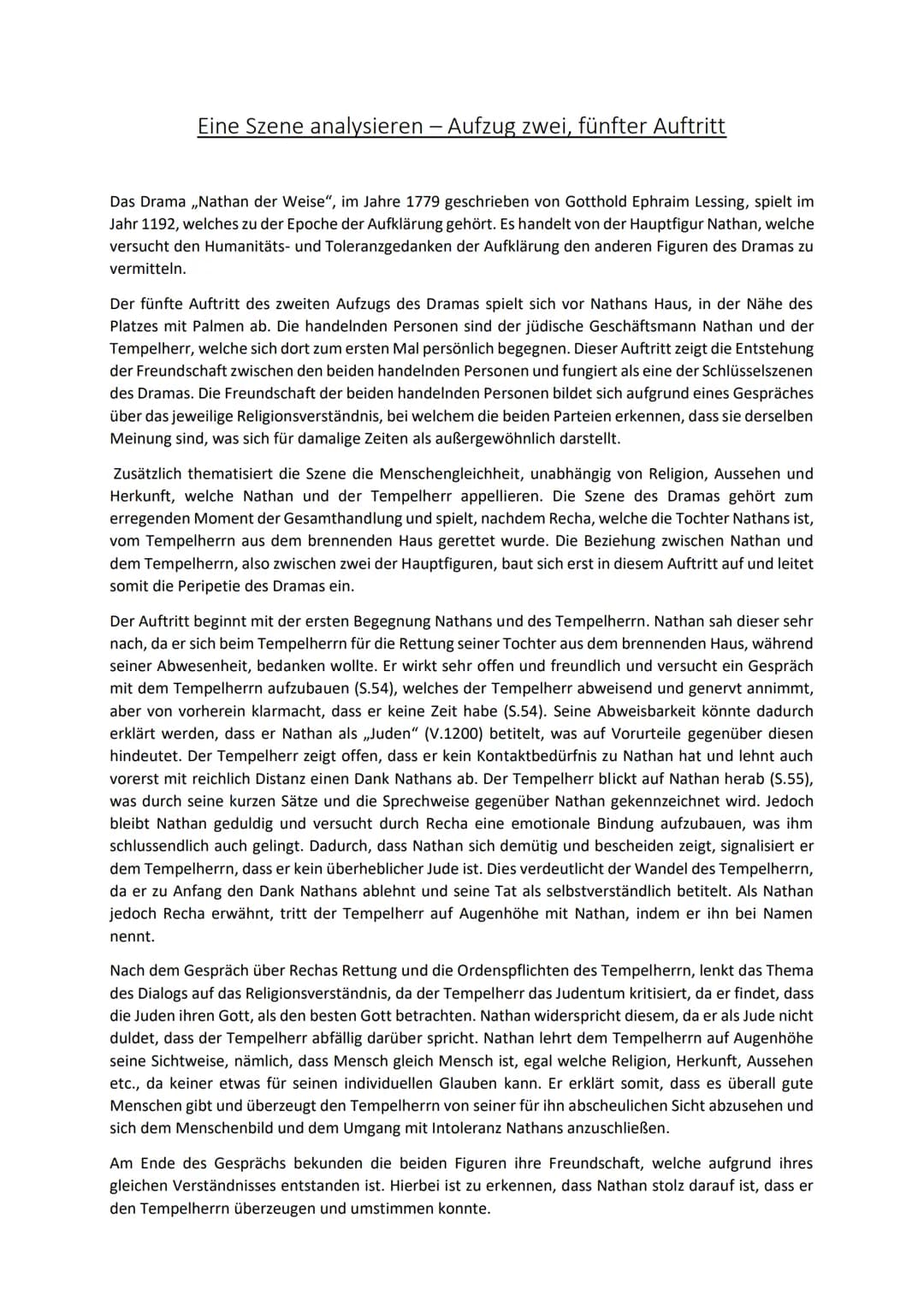 Eine Szene analysieren – Aufzug zwei, fünfter Auftritt
Das Drama ,,Nathan der Weise", im Jahre 1779 geschrieben von Gotthold Ephraim Lessing