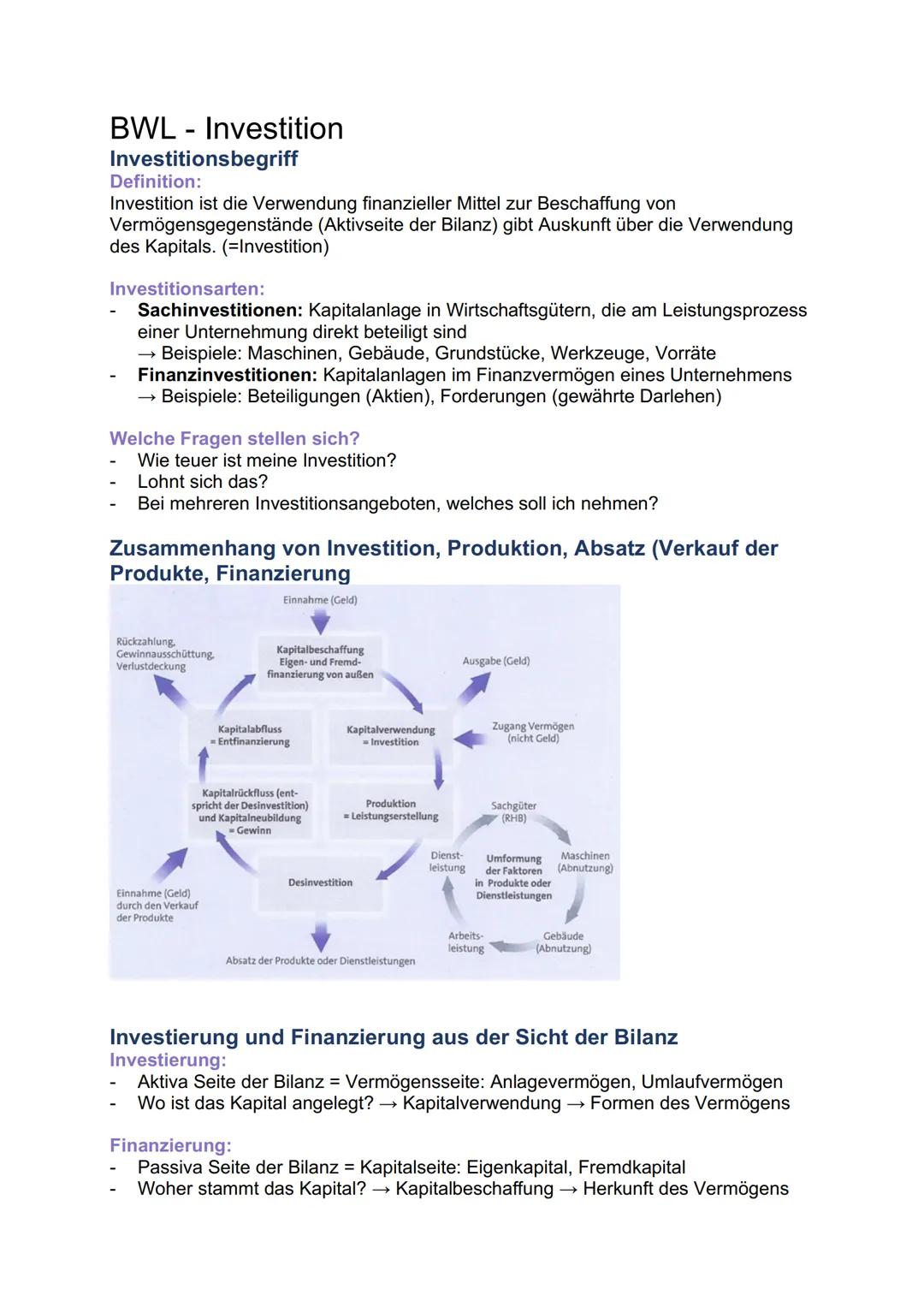 # BWL - Investition

Investitionsbegriff

Definition:

Investition ist die Verwendung finanzieller Mittel zur Beschaffung von
Vermögensgegen
