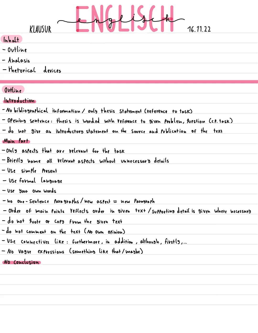 KLAUSUR
Inhalt
- Outline
- Analasis
- rhetorical devices.
Outline
Introduction
- Briefly hame
Use Simple Present
-No bibliographical informa