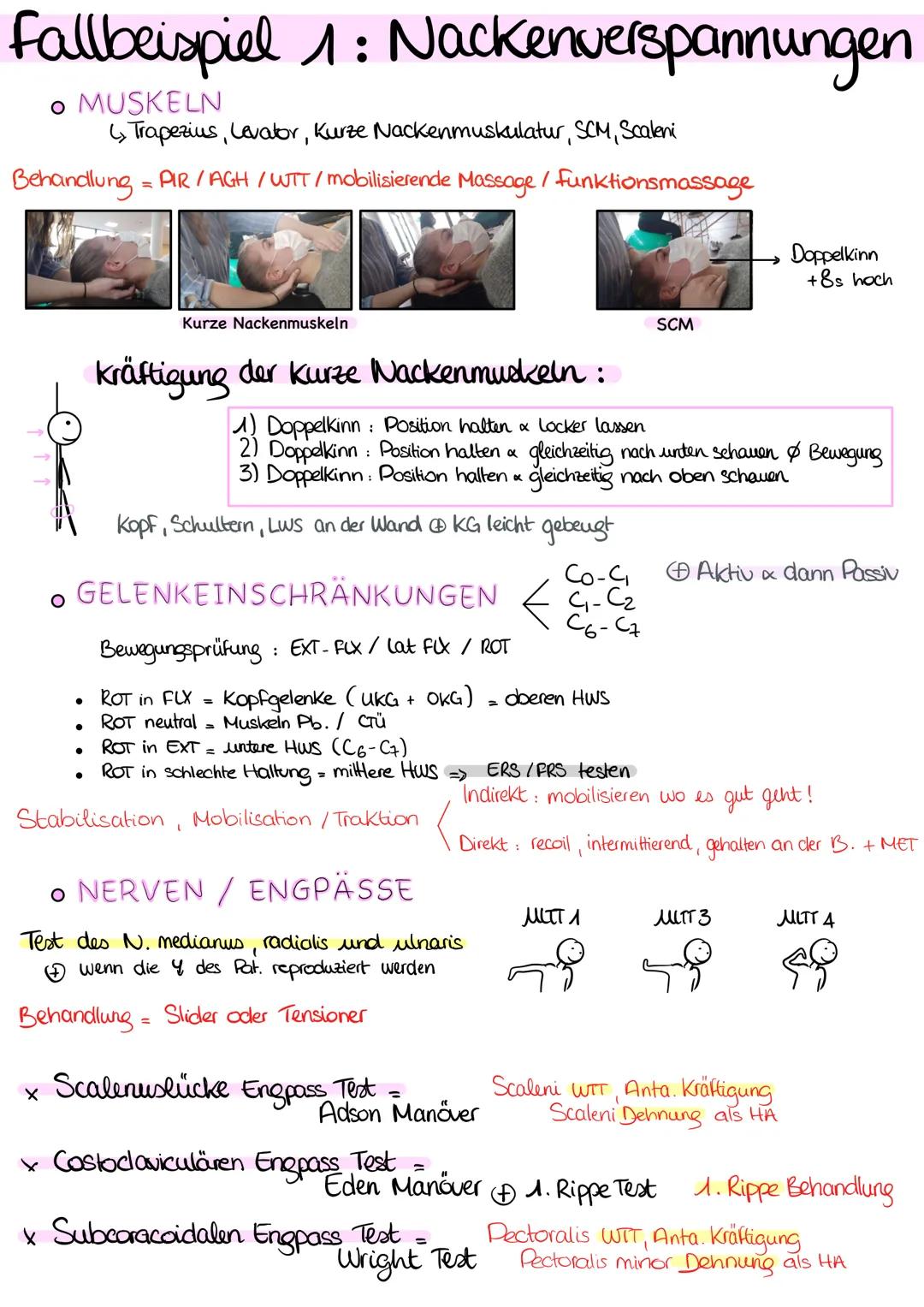 Fallbeispiel 1: Nackenverspannungen
o MUSKELN
Trapezius, Levator, Kurze Nackenmuskulatur, SCM, Scaleni
Behandlung = PIR / AGH / WTT/mobilisi