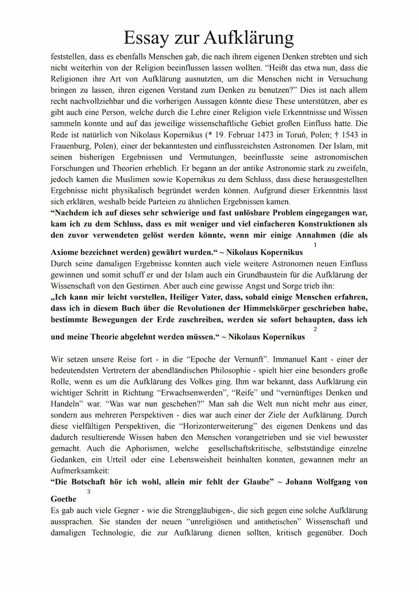 Essay zur Aufklärung
"Leben wir in einem ,,Zeitalter der Aufklärung" oder einem ,,aufgeklärten Zeitalter?".
Diese Frage hatte sich einer der